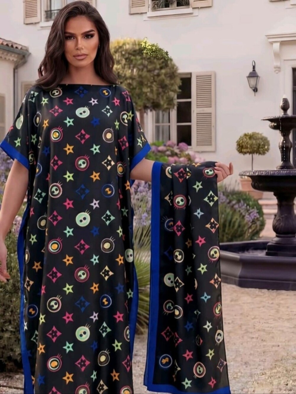 Woman Elegant Geometric Print Robe Set Fitted Long Dress With Matching Scarf